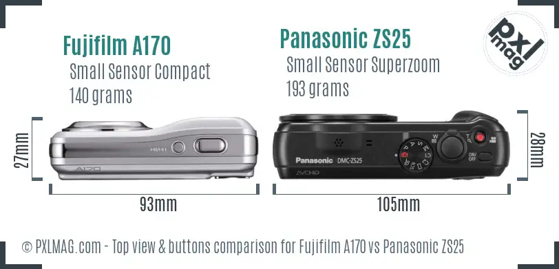 Fujifilm A170 vs Panasonic ZS25 top view buttons comparison