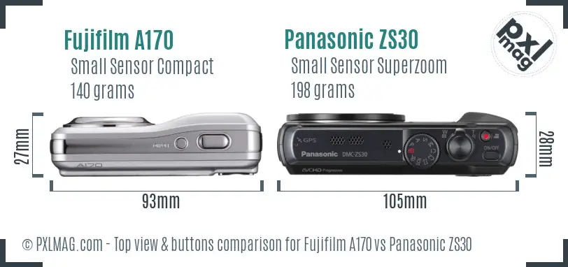 Fujifilm A170 vs Panasonic ZS30 top view buttons comparison Fujifilm A170 vs Panasonic ZS30 top view buttons comparison