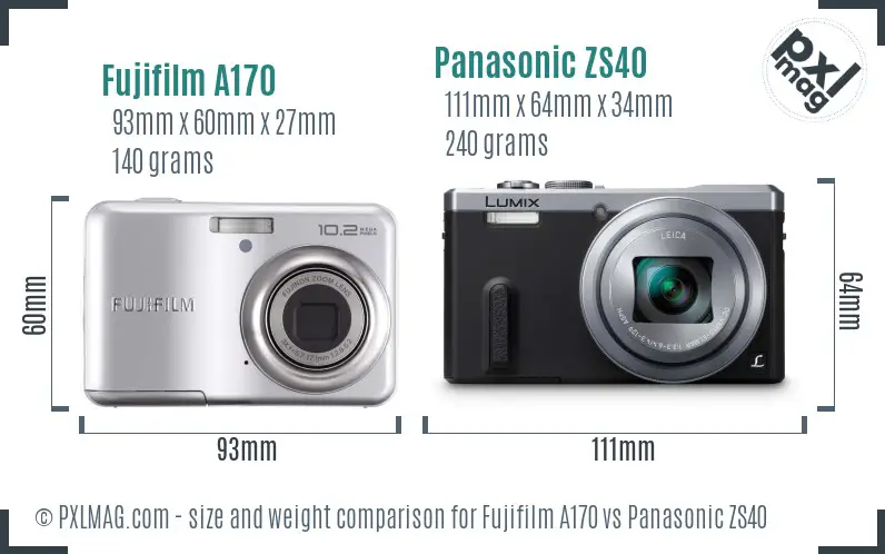 Fujifilm A170 vs Panasonic ZS40 size comparison