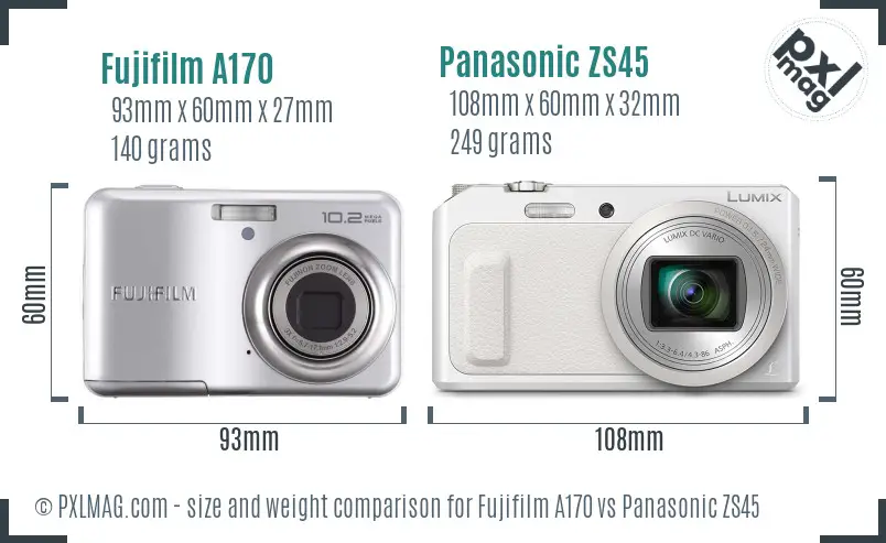 Fujifilm A170 vs Panasonic ZS45 size comparison