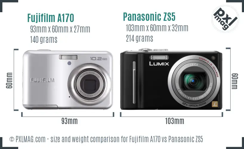 Fujifilm A170 vs Panasonic ZS5 size comparison