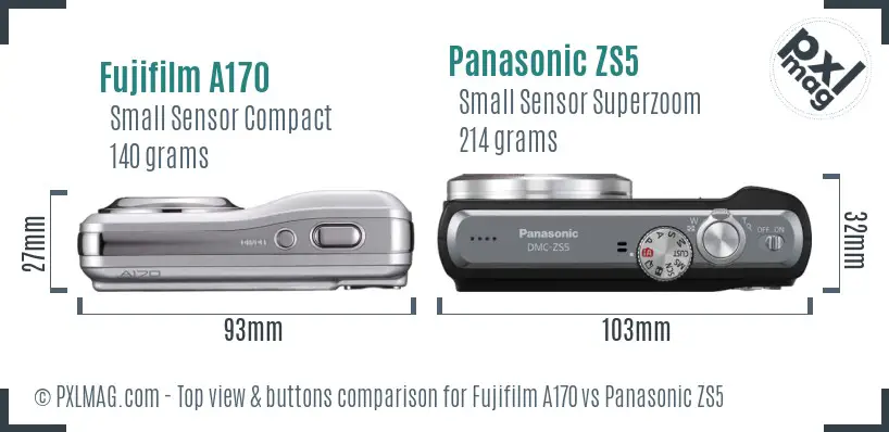 Fujifilm A170 vs Panasonic ZS5 top view buttons comparison