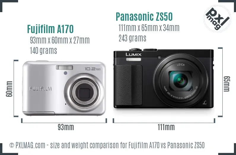 Fujifilm A170 vs Panasonic ZS50 size comparison