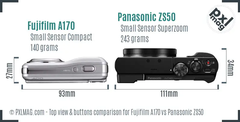Fujifilm A170 vs Panasonic ZS50 top view buttons comparison