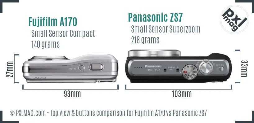 Fujifilm A170 vs Panasonic ZS7 top view buttons comparison