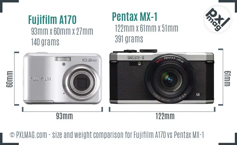 Fujifilm A170 vs Pentax MX-1 size comparison