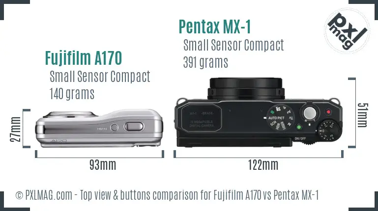 Fujifilm A170 vs Pentax MX-1 top view buttons comparison