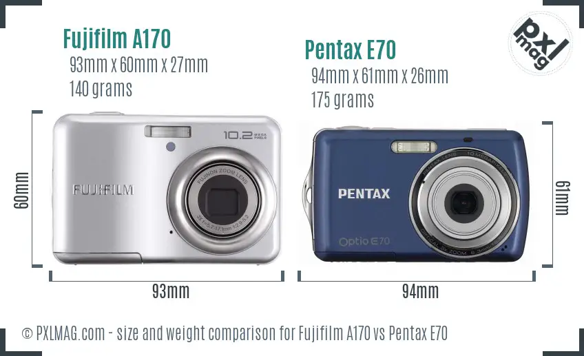 Fujifilm A170 vs Pentax E70 size comparison