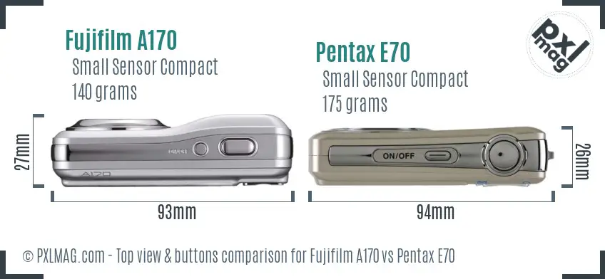 Fujifilm A170 vs Pentax E70 top view buttons comparison