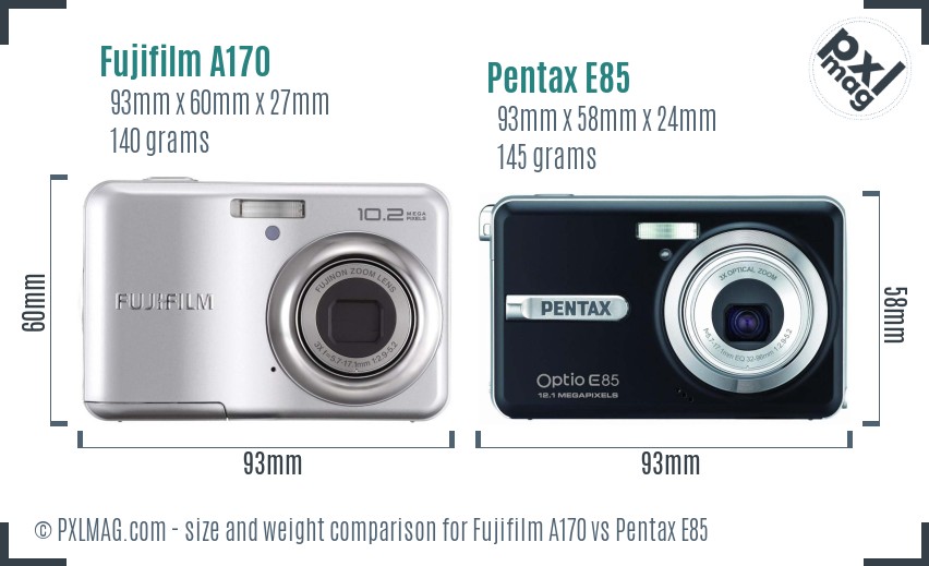Fujifilm A170 vs Pentax E85 size comparison