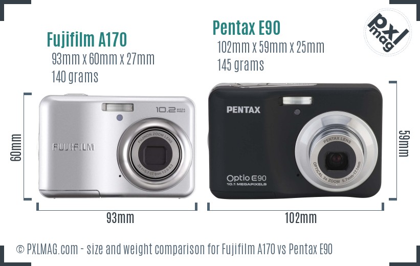 Fujifilm A170 vs Pentax E90 size comparison
