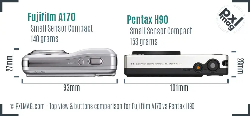 Fujifilm A170 vs Pentax H90 top view buttons comparison