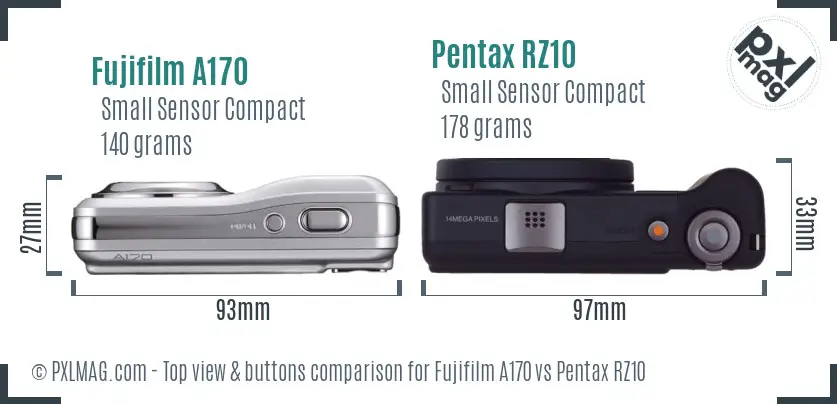 Fujifilm A170 vs Pentax RZ10 top view buttons comparison