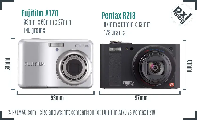Fujifilm A170 vs Pentax RZ18 size comparison