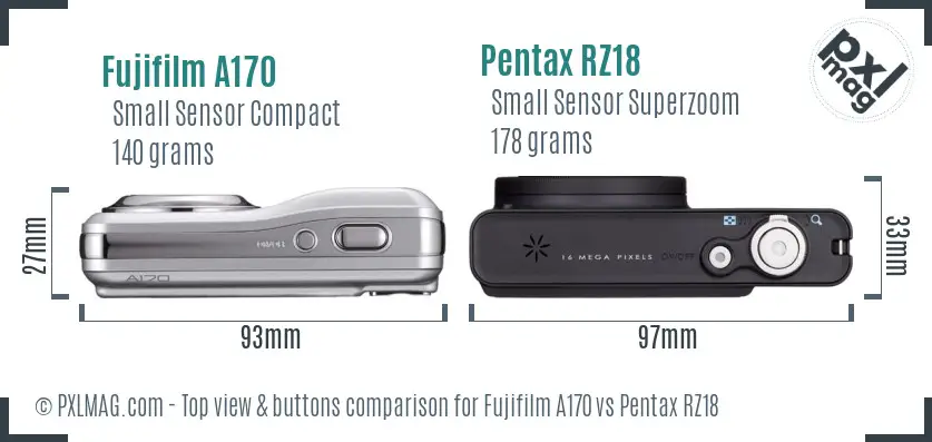 Fujifilm A170 vs Pentax RZ18 top view buttons comparison