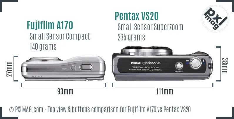 Fujifilm A170 vs Pentax VS20 top view buttons comparison