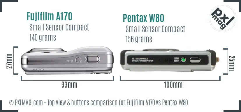 Fujifilm A170 vs Pentax W80 top view buttons comparison Fujifilm A170 vs Pentax W80 top view buttons comparison