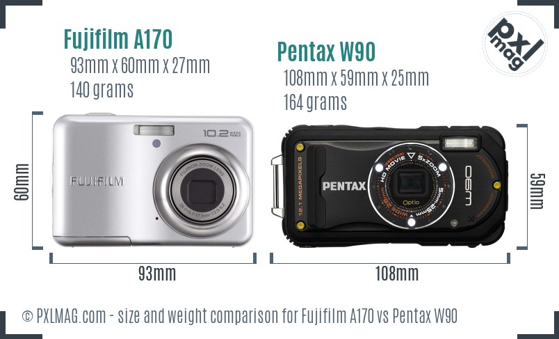 Fujifilm A170 vs Pentax W90 size comparison