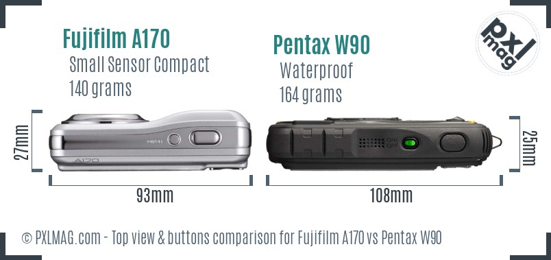Fujifilm A170 vs Pentax W90 top view buttons comparison