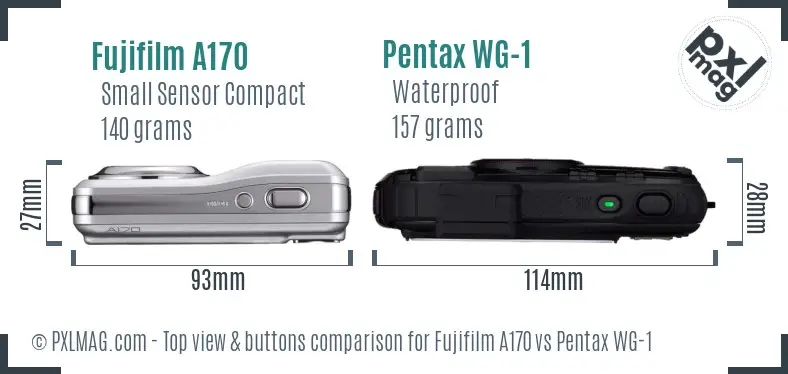Fujifilm A170 vs Pentax WG-1 top view buttons comparison