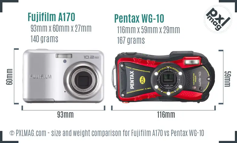 Fujifilm A170 vs Pentax WG-10 size comparison