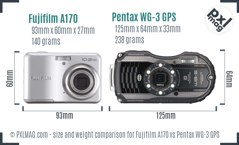 Fujifilm A170 vs Pentax WG-3 GPS size comparison