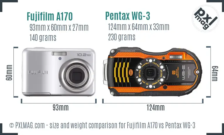 Fujifilm A170 vs Pentax WG-3 size comparison