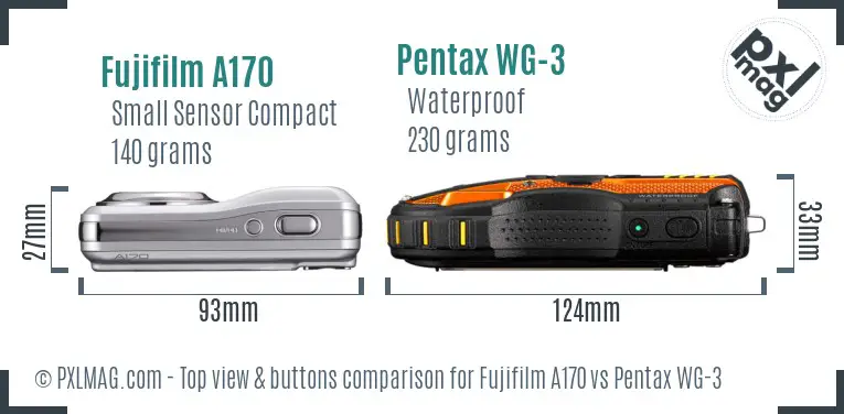 Fujifilm A170 vs Pentax WG-3 top view buttons comparison