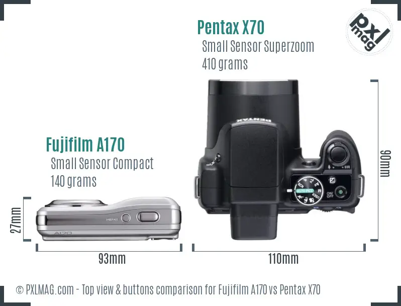 Fujifilm A170 vs Pentax X70 top view buttons comparison
