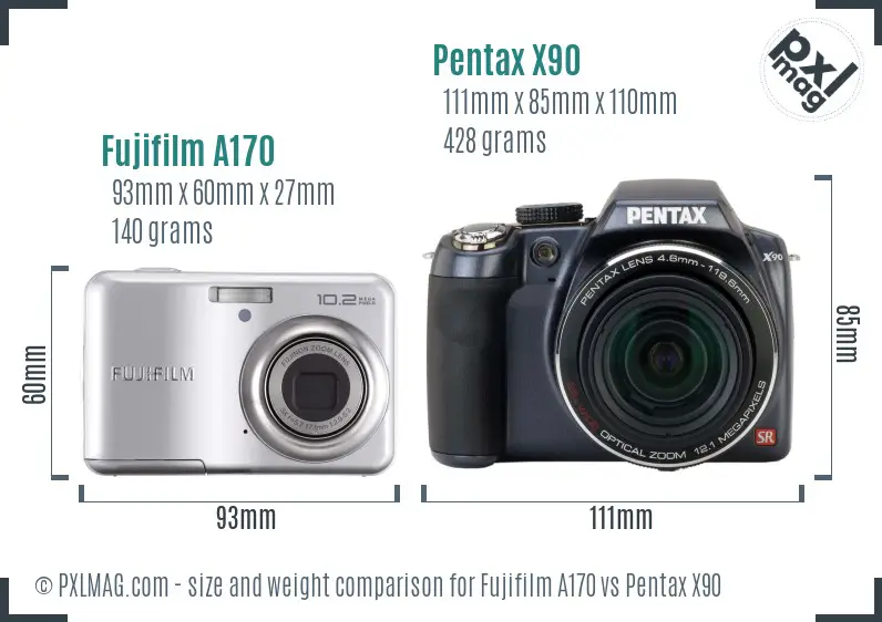 Fujifilm A170 vs Pentax X90 size comparison