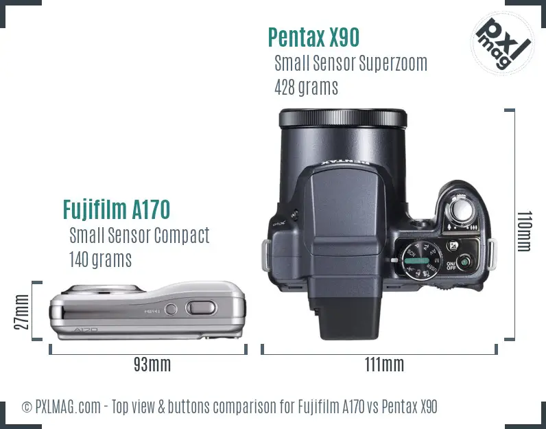 Fujifilm A170 vs Pentax X90 top view buttons comparison
