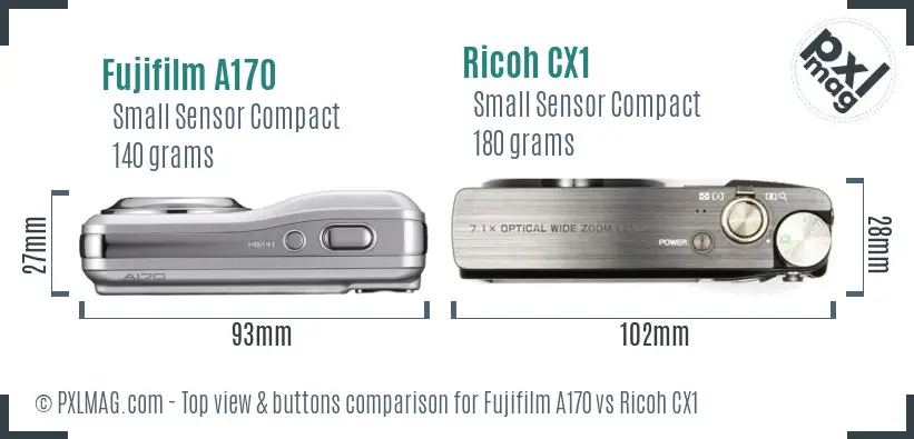 Fujifilm A170 vs Ricoh CX1 top view buttons comparison Fujifilm A170 vs Ricoh CX1 top view buttons comparison