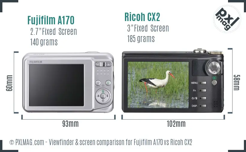 Fujifilm A170 vs Ricoh CX2 Screen and Viewfinder comparison