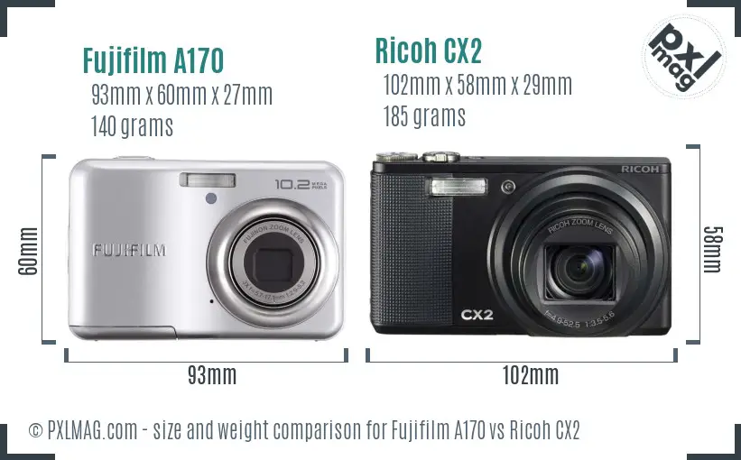 Fujifilm A170 vs Ricoh CX2 size comparison