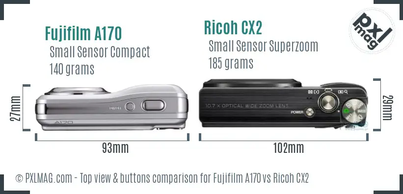 Fujifilm A170 vs Ricoh CX2 top view buttons comparison