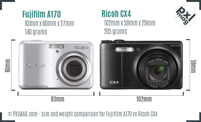 Fujifilm A170 vs Ricoh CX4 size comparison Fujifilm A170 vs Ricoh CX4 size comparison