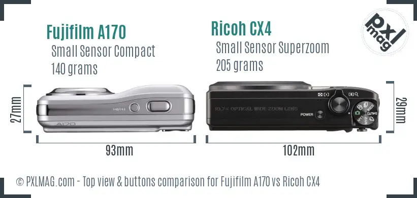 Fujifilm A170 vs Ricoh CX4 top view buttons comparison
