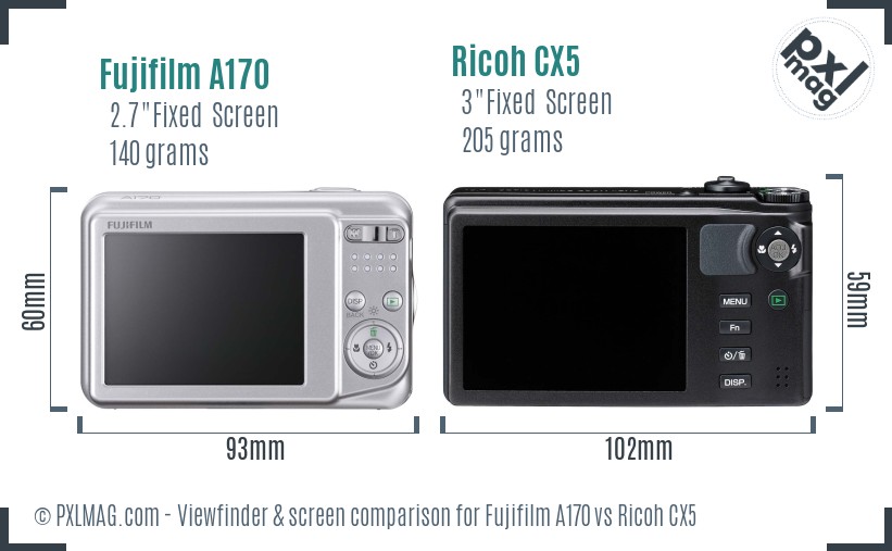 Fujifilm A170 vs Ricoh CX5 Screen and Viewfinder comparison