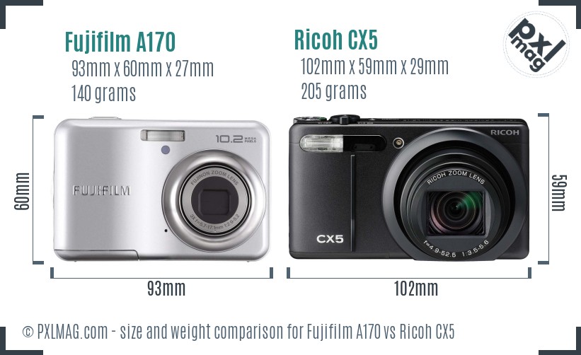 Fujifilm A170 vs Ricoh CX5 size comparison