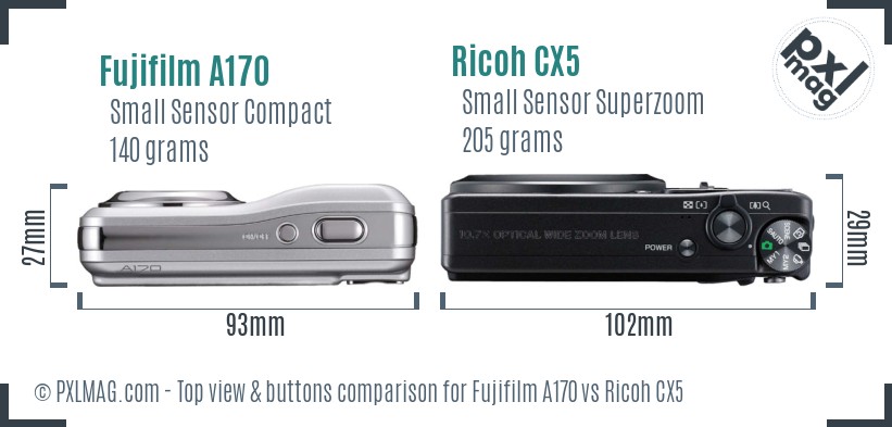 Fujifilm A170 vs Ricoh CX5 top view buttons comparison