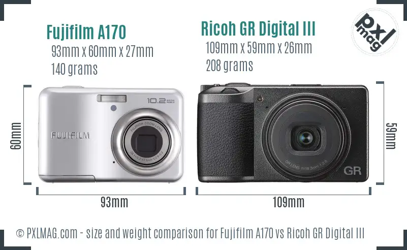 Fujifilm A170 vs Ricoh GR Digital III size comparison
