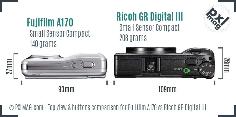 Fujifilm A170 vs Ricoh GR Digital III top view buttons comparison