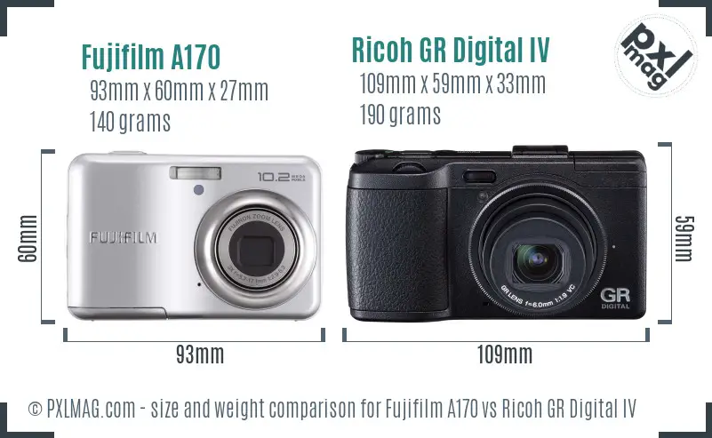 Fujifilm A170 vs Ricoh GR Digital IV size comparison
