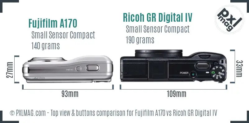 Fujifilm A170 vs Ricoh GR Digital IV top view buttons comparison