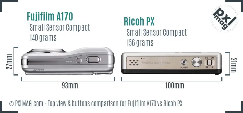 Fujifilm A170 vs Ricoh PX top view buttons comparison Fujifilm A170 vs Ricoh PX top view buttons comparison
