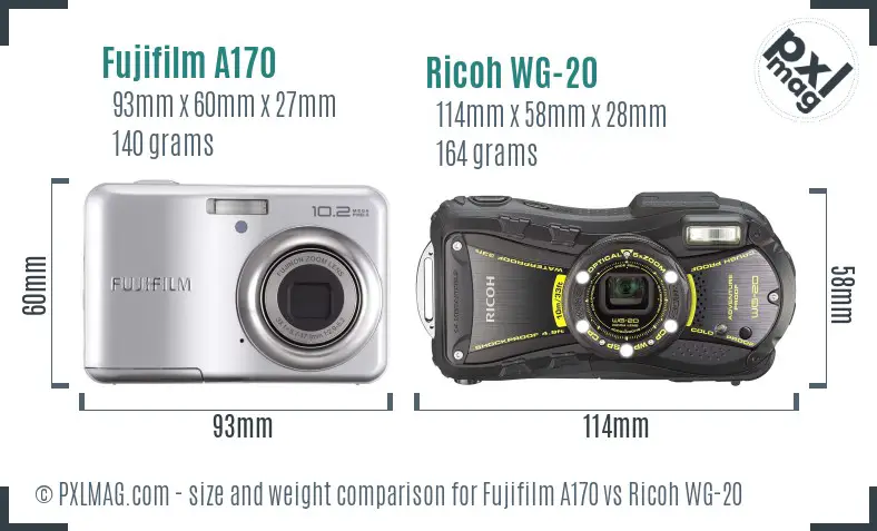 Fujifilm A170 vs Ricoh WG-20 size comparison