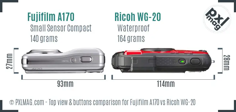 Fujifilm A170 vs Ricoh WG-20 top view buttons comparison