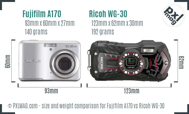 Fujifilm A170 vs Ricoh WG-30 size comparison
