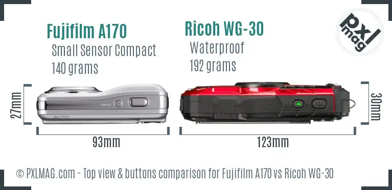 Fujifilm A170 vs Ricoh WG-30 top view buttons comparison