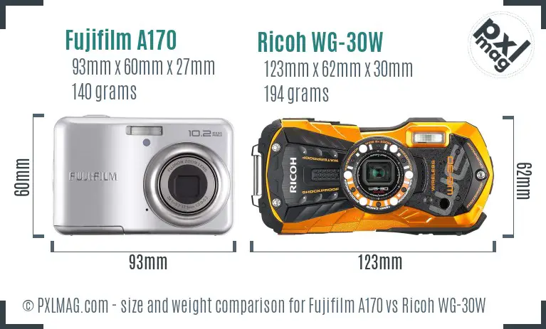 Fujifilm A170 vs Ricoh WG-30W size comparison